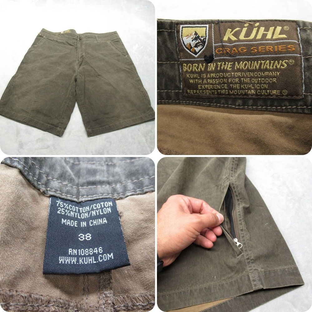 Kuhl Crag Series Shorts Mens 38 Olive Green Outdoor Hiking Marbled Lined 11"